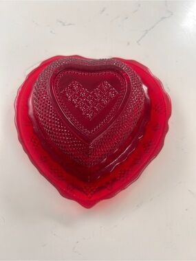 Vintage Avon Heart & Diamond Pattern Ruby Red Cape Cod Heart Dish/Trinket Tray